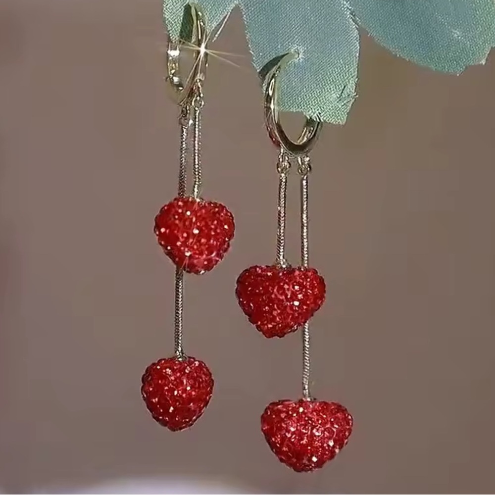 Glam Red Heart Drop Gold Earrings